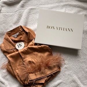 Bon Viviann Satin Pajama Set with Feathers